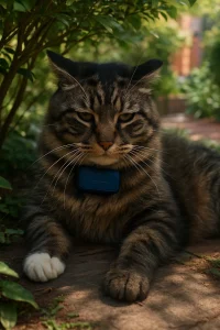 cat in garden with P5 tracker 